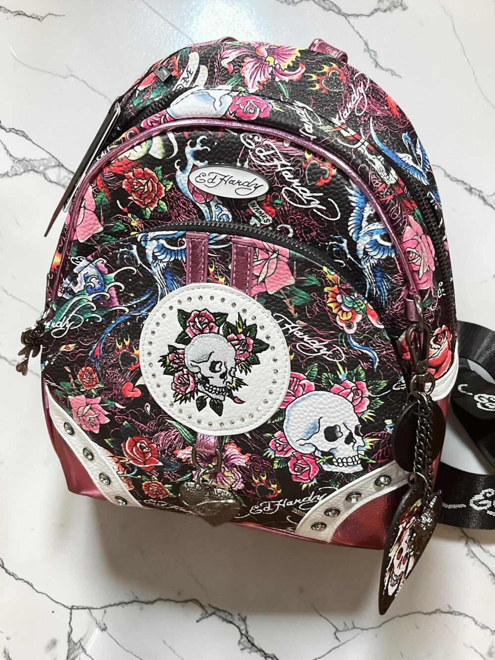 Ed Hardy Women’s Skull Rose Tattoo Mini Backpack Pink Black NWT